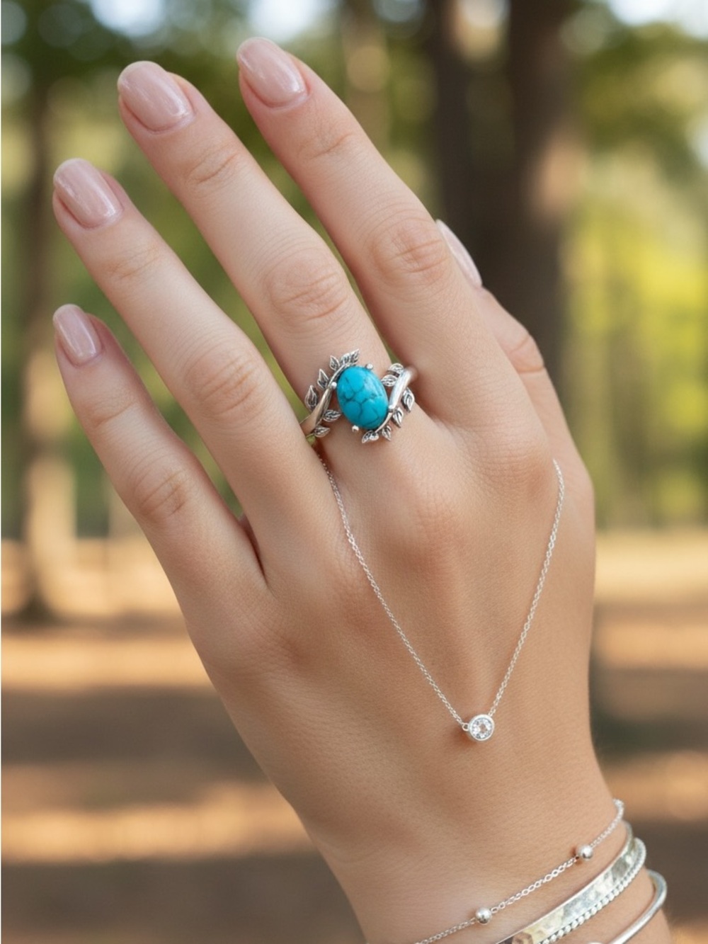 Silver Plated Turquoise Oval Nature Inspired Ring - Women Jewelry. New.
